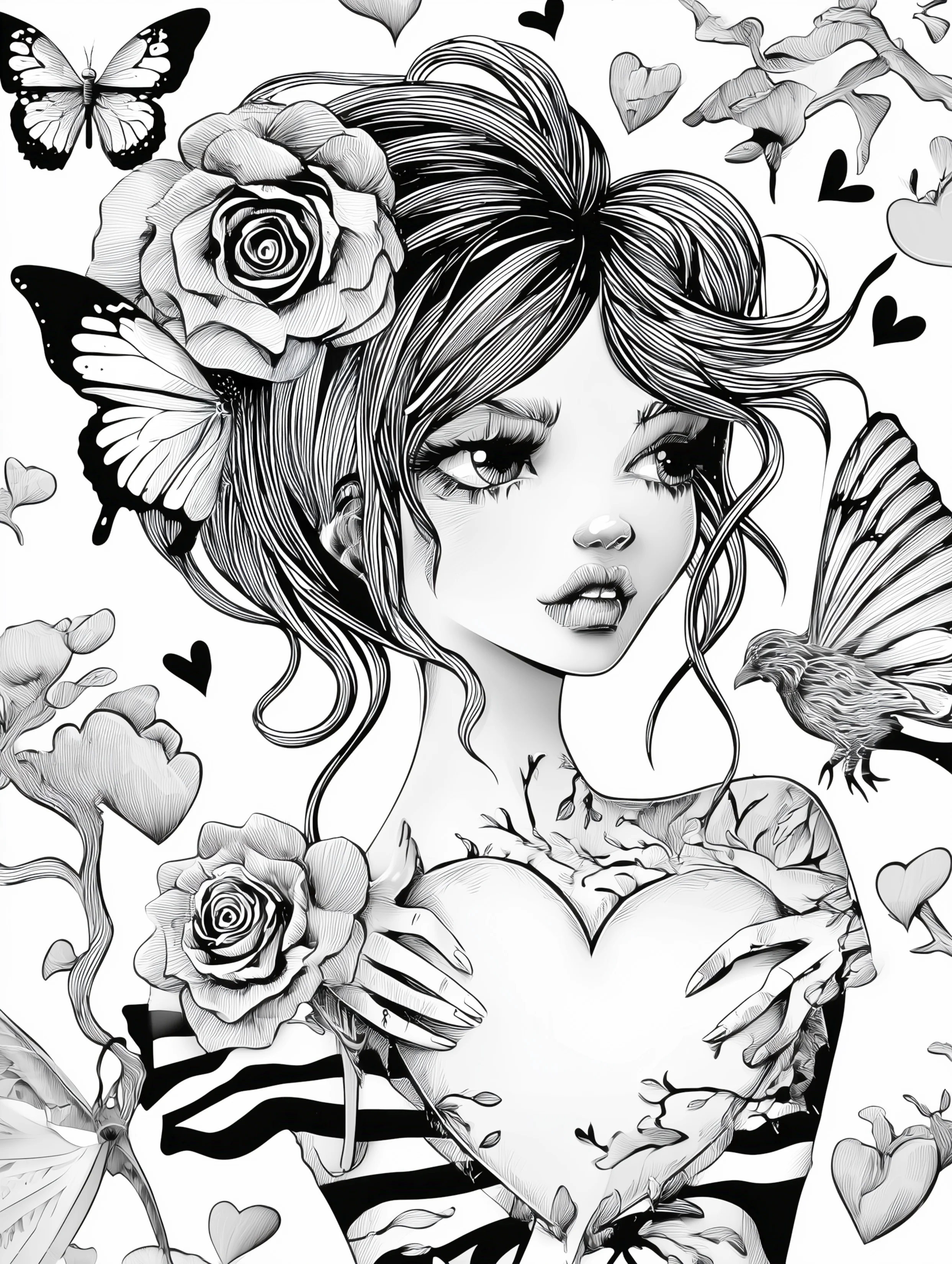Free printable beautiful fairy coloring page featuring a holding heart fairy with butterflies